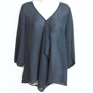 NEW Spense Semi Sheer Relaxed Fit Dot Blouse V Neck Blue White Large Pullover